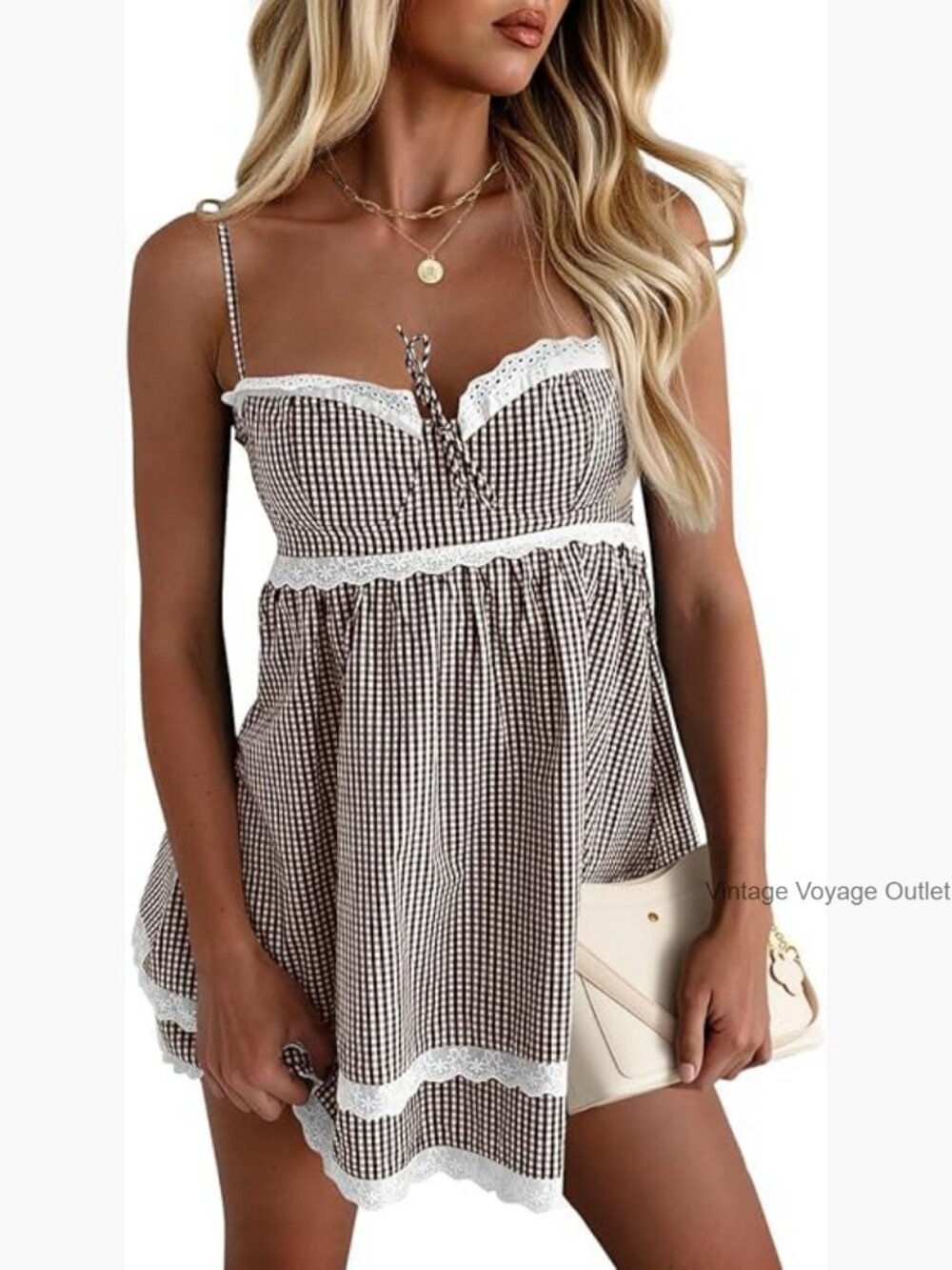 Mini Dress with Spaghetti Straps, Sweetheart Neck, Lace Trim, Plaid Print - Picture 1 of 7